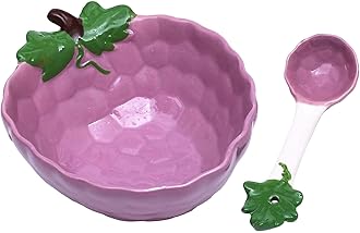 Ceramic Grape Shape Dessert Bowl 11.8oz., Creative Handmade Small Bowl with Spoon for Appetizer, Snacks, Salads, Yogurt, Side Dishes, 5.9" L x 4.7" W x 2.2" H
