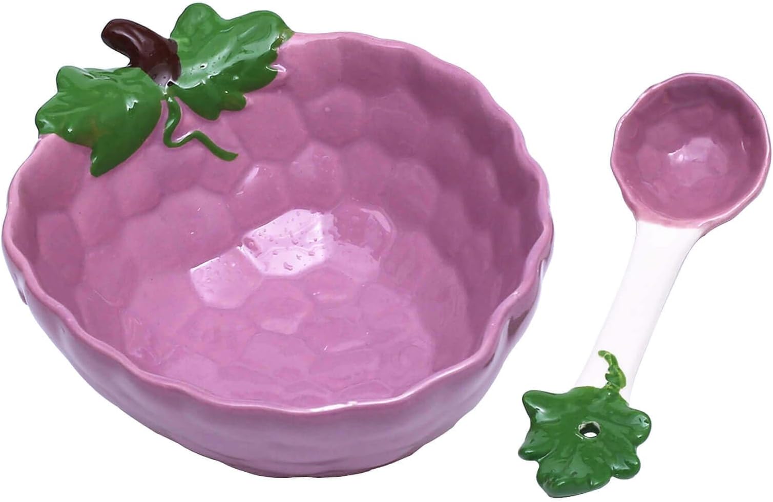 Ceramic Grape Shape Dessert Bowl 11.8oz., Creative Handmade Small Bowl with Spoon for Appetizer, Snacks, Salads, Yogurt, Side Dishes, 5.9" L x 4.7" W x 2.2" H