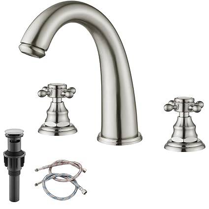 3 Hole Widespread Bathroom Faucet Brushed Nickel 8 inch Double Cross Handle Mixer Bathroom Sink Tap Deck Mount Hot Cold Water Matching Pop Up Drain with Overflow