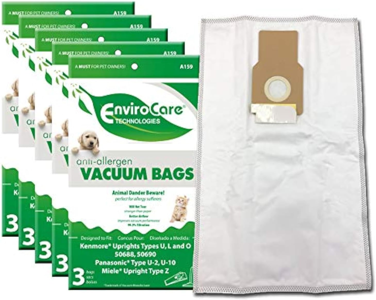 Replacement Anti-Allergen Vacuum Bags for Kenmore 50688 and 50690 Type U, L, and O, Panasonic Type U-2, U-10 Uprights 15 Pack