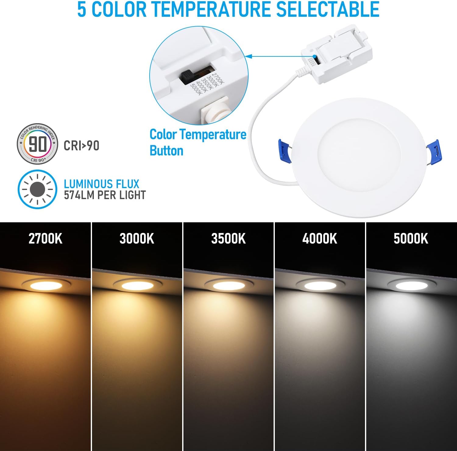 TORCHSTAR Quick Installation 5CCT 4 Inch LED Canless Ultra-Thin Recessed Lighting Kit, 120V-277V 4ps 4" CRI90 Downlights for Ceiling and Shower, Compatible with 0-10V & TRIAC Dimmers, T24 ETL Listed