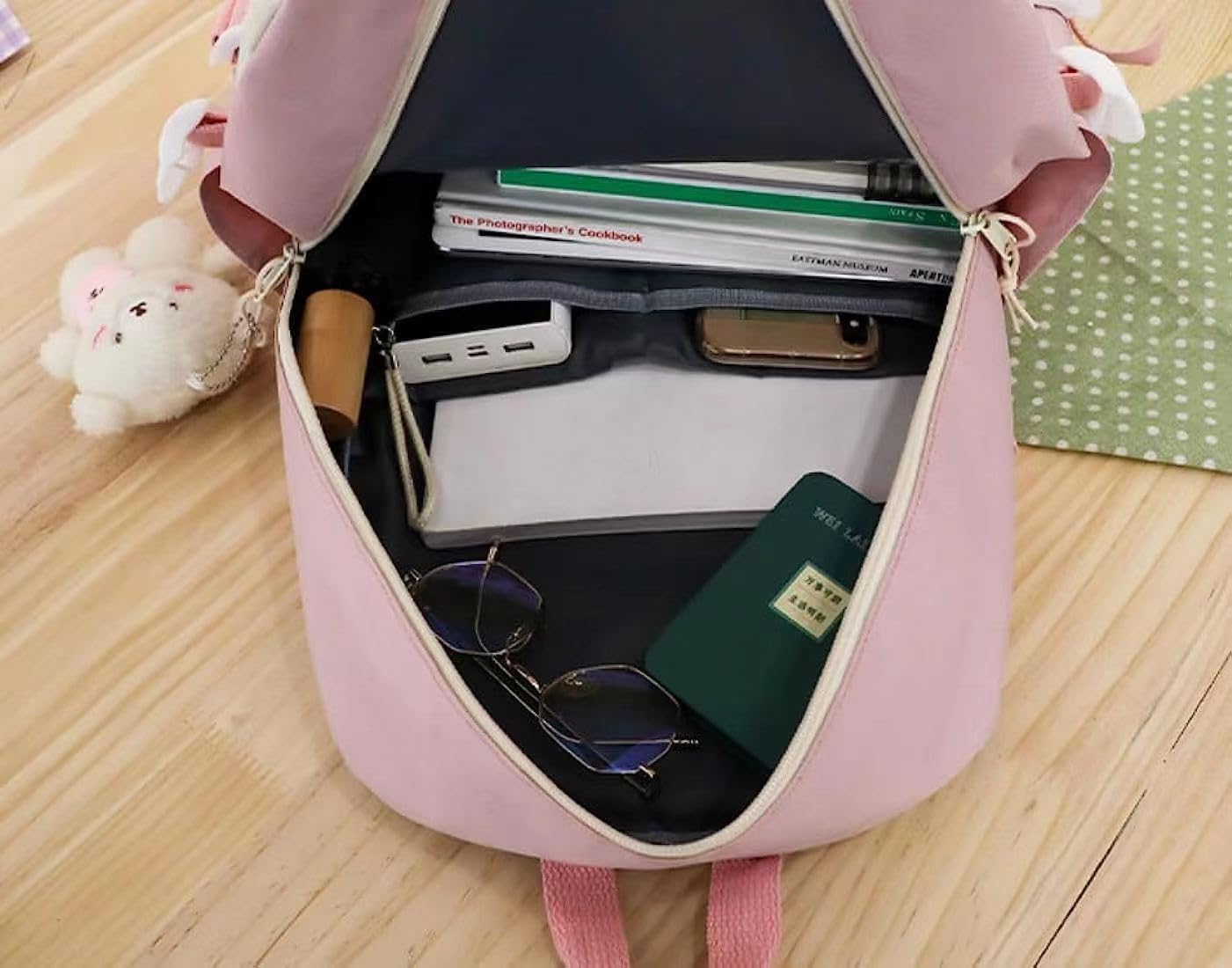 5 pcs Cute Aesthetic Backpack Set with Pins and Pendant Kawaii Japanese Backpacks College Laptop Bookbag Preppy Daypack (Black,One Size)