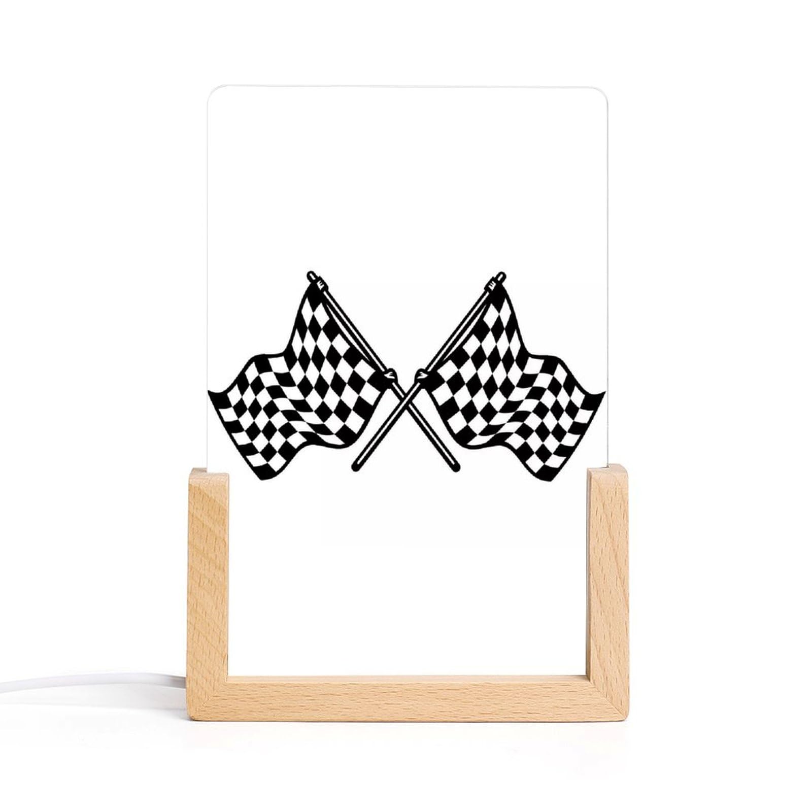 JTREHY Acrylic Night Light,Checkered Flags Race Flag Printed Wooden Base LED Night Light Modern Home Decoration Light with USB Switch Cable for Bar Cafe Bedroom Room Decoration