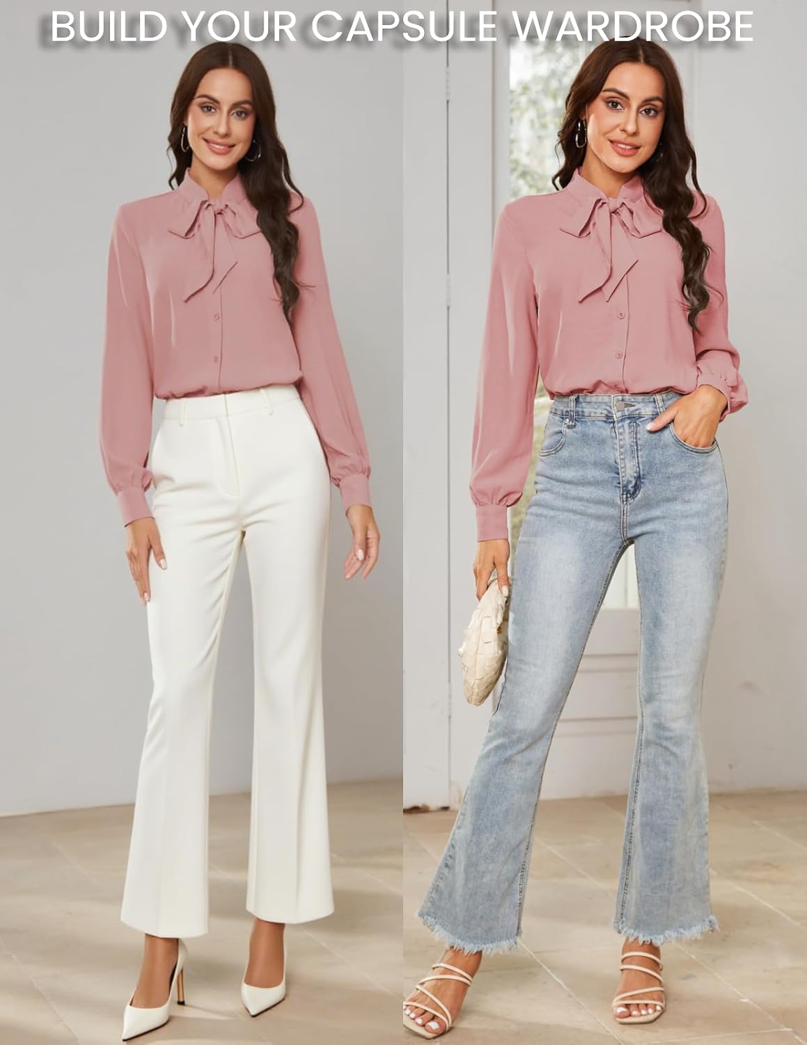 Kate Kasin Women Bow Tie Neck Office Blouse Button Down Long Sleeve Bodysuits Blouse Top - Image 2