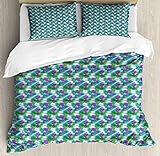Ambesonne Hawaiian Duvet Cover Set, Pastel and Geometric Chevron Background with Exotic Island...