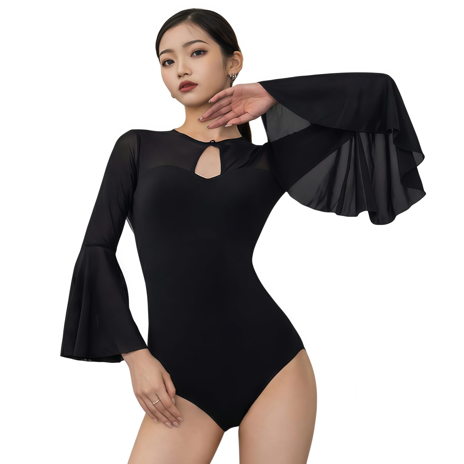 Toukingda Women's Black Latin Dance Leotard For Mesh Flared Long Sleeve Ballet Bodysuit Crew Neck Body Suits Jumpsuit Top Jazz Dance Costume Adult Dancewear Leotard For Gymnastics, /M