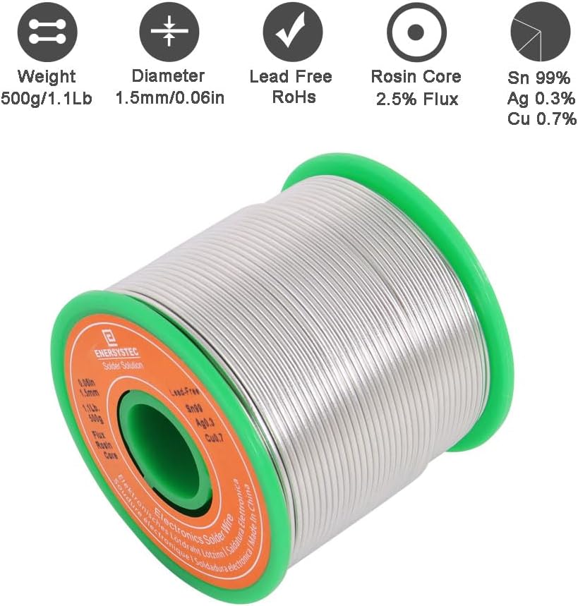 500g Solder Wire Lead Free Rosin Flux Core Diameter 1.5mm 0.06 Alloy Sn99 Ag0.3 Cu0.7 Wide Solder Gauge Unleaded Fast Melting Solder Wire No Clean Electronics Soldering 1.1 Pound Large Electric Solder