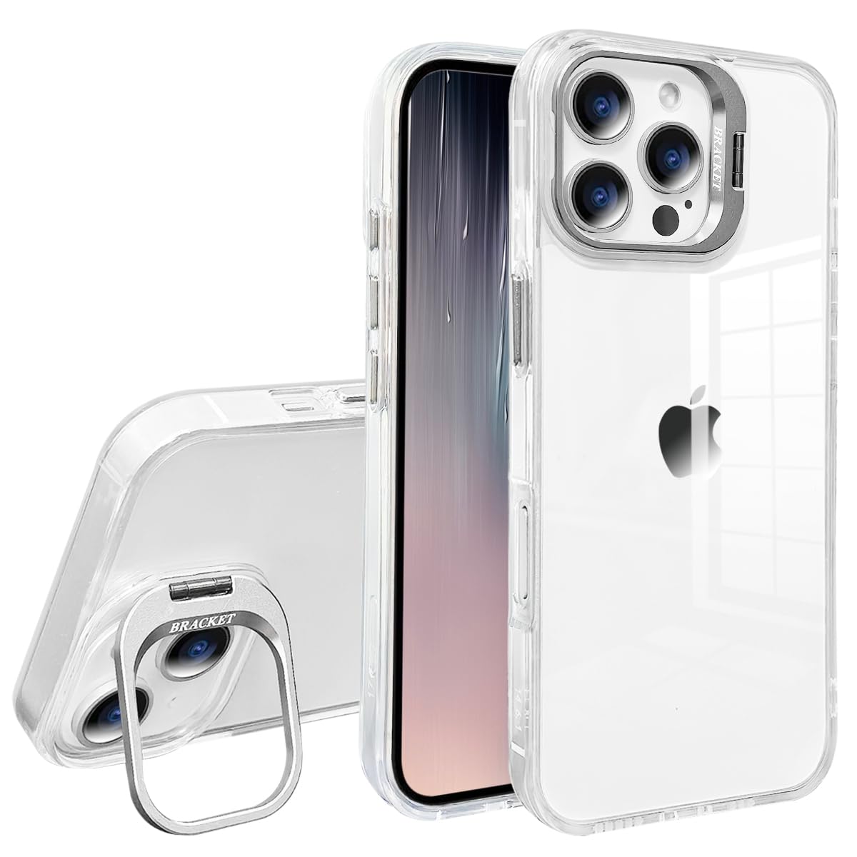 YUYIB スマホケース 対応 iPhone16 Pro ケース クリア 透明 カメラ隠れスタンド 米軍MIL規格の保護 ストラップ穴 耐黄変 耐衝撃 傷防止背面 軽量 薄型 ブランド アイフォン16プロ 携帯かばー (シルバー, iPhone16 Pro)