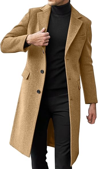 QWENTMTNTY Mens Wool Trench Coat Winter Slim Fit Single-Breasted Peacoat Formal Business Casual Dress Coats Mid Long Jacket