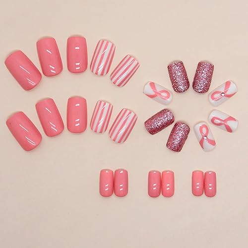 Miniatura 5 de 24 uñas postizas cuadradas a presión sobre cáncer de mama, uñas postizas medianas con cinta rosa con diamantes de imitación brillantes, uñas