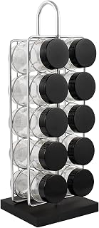 Orii Chrome Wire Spice Rack | 10 Empty Glass Jars, Black Plastic Food Grade Lids, Stainless Steel Funnel, 160 Labels
