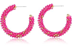 Hot Pink Beaded Gold Hoop Earrings : Spice up your style
