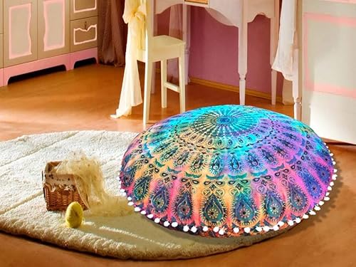32 Inch Floor Pillows "Cover Only" Cushion Cover Pouf Cover Round Mandala Meditation Cushions Seating Pillows Cover Throws Ottoman Case Bohemian Tie Dye Indian (32” Pillow Cover Only, Without Insert) #TOP12