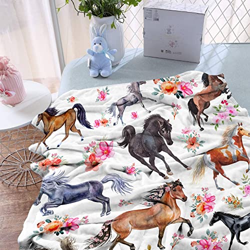 Horse Blanket For Girls Ultra Soft Warm Fleece Blanket Throw For Couch Bed Sofa, Horse Flower Gifts Plush Flannel Blanket For Women Girl 50"X60" #TOP3