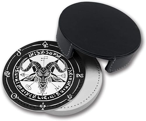 Miniatura 4 de Posavasos de pentagrama de cabra satánica negra para bebidas con soporte, juego de 6 posavasos de cuero, tazas redondas, almohadilla para el hogar y