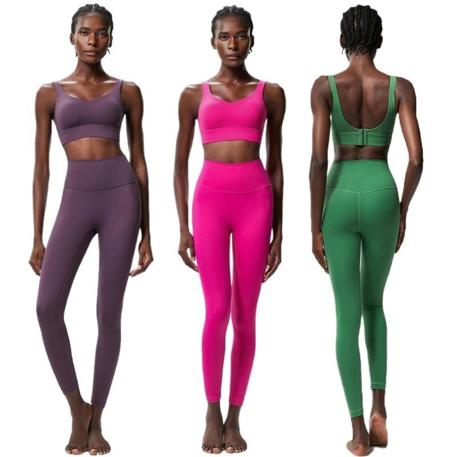 Set da Yoga Fitness in Due Pezzi Donna Elasticizzato in Tinta Unita