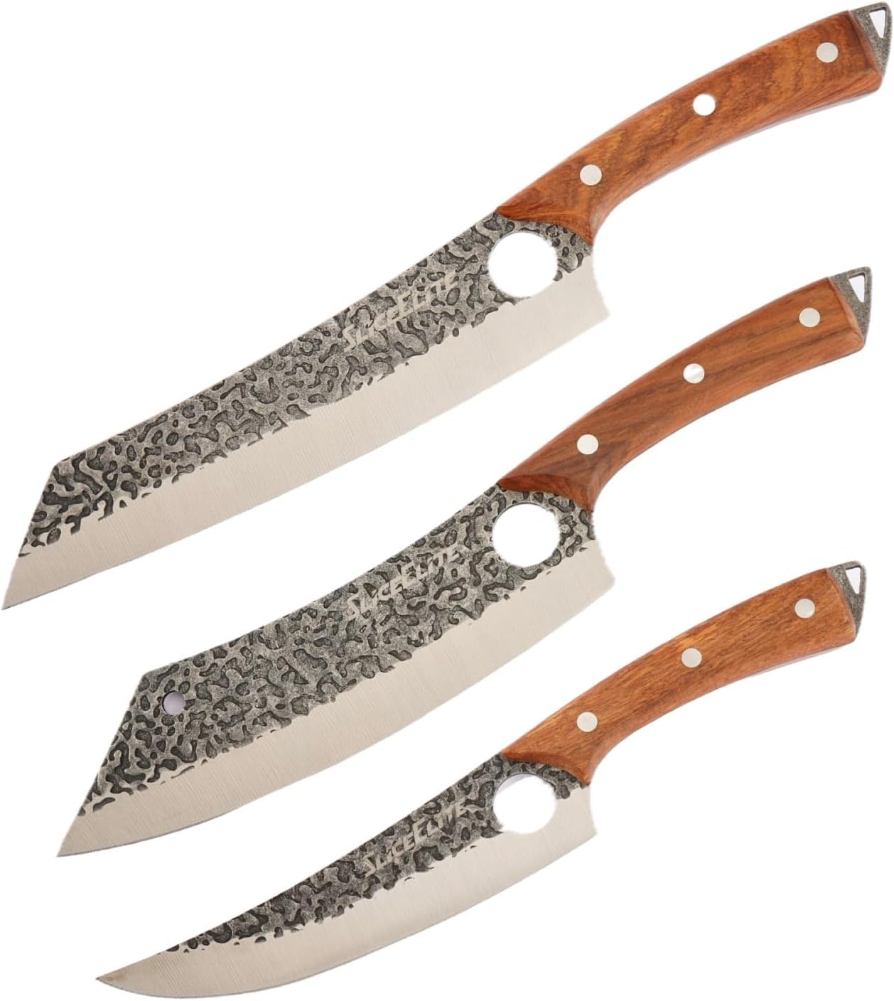 SliceElite Heritage Forge 3 Piece Prep Knife Set Boning Knife Scimitar Kiritsuke Knife Carving Slicing Brisket Meat Prep High Carbon Stainless Steel Full Tang Sandalwood Handle BBQ Cooking Gift