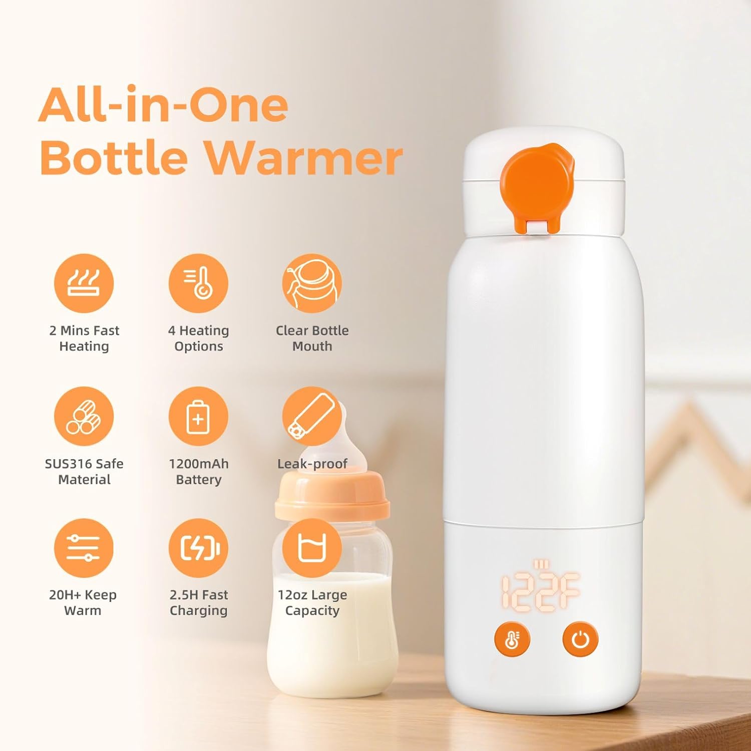 Portable Bottle Warmer for Travel, 12oz Large Capacity Fast Heating, 4 Levels Precise Temperature Control, Long Battery Life, Rechargeable Formula Water Milk Warmer for Car, Airplane & Outdoor Use