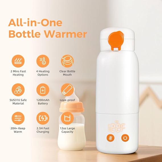 Portable Bottle Warmer for Travel, 12oz Large Capacity Fast Heating, 4 Levels Precise Temperature Control, Long Battery Life, Rechargeable Formula Water Milk Warmer for Car, Airplane & Outdoor Use