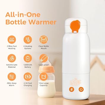 Portable Bottle Warmer for Travel, 12oz Large Capacity Fast Heating, 4 Levels Precise Temperature Control, Long Battery Life, Rechargeable Formula Water Milk Warmer for Car, Airplane & Outdoor Use
