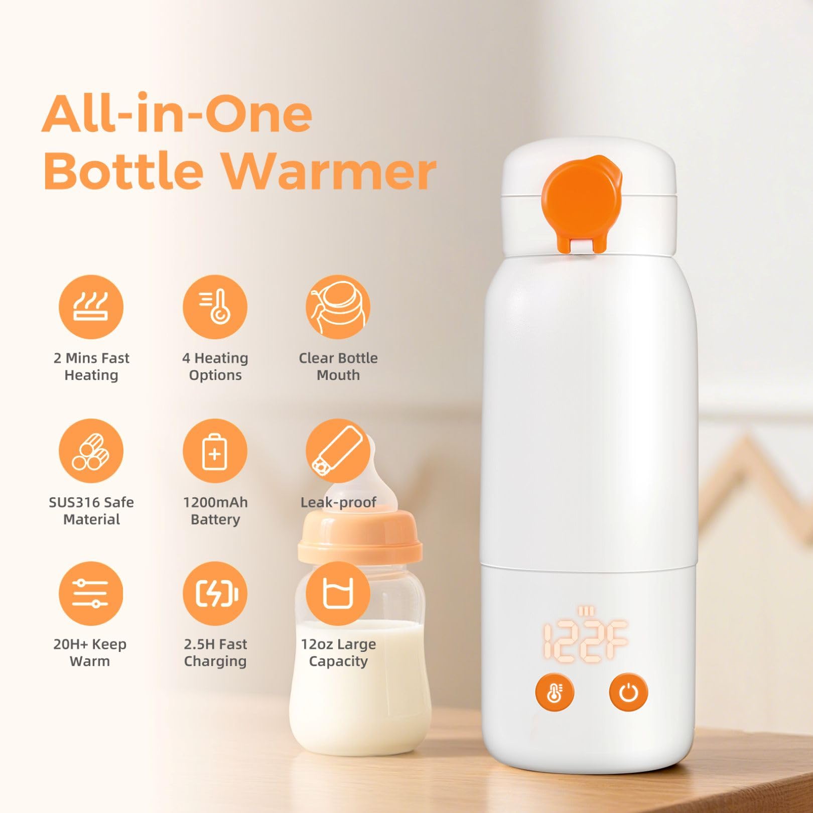 Chauffe-biberon portable pour voyage, grande capacité, chauffage rapide, 4 niveaux de contrôle précis de la température, longue durée de vie, formule rechargeable pour voiture, avion et utilisation en