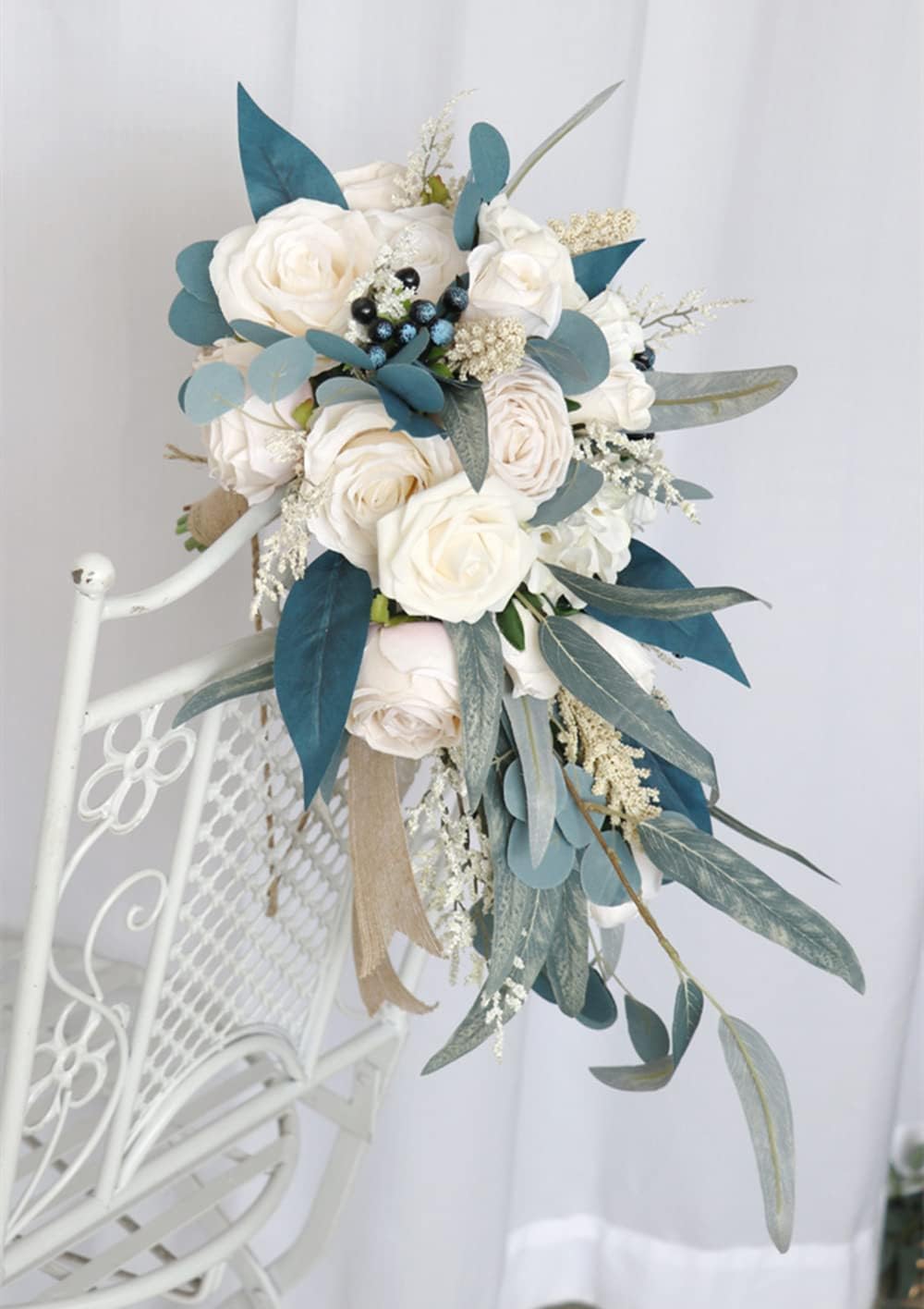 Ansho Rustic Artificial Flowers Bridal Bouquet, Silk Flower Wedding Bouquet for Bride Bridemaids, Water Drop Holding Bouquet for Wedding Ceremony and Anniversary, Photography Photo Props (Blue)