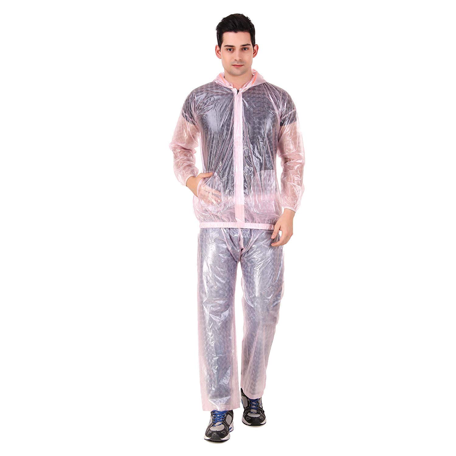 devil Men's PVC Rainsuit with Hoods and Side Pocket, 100% Waterproof Portable Rainwear (Pink Transparent)-picture-47