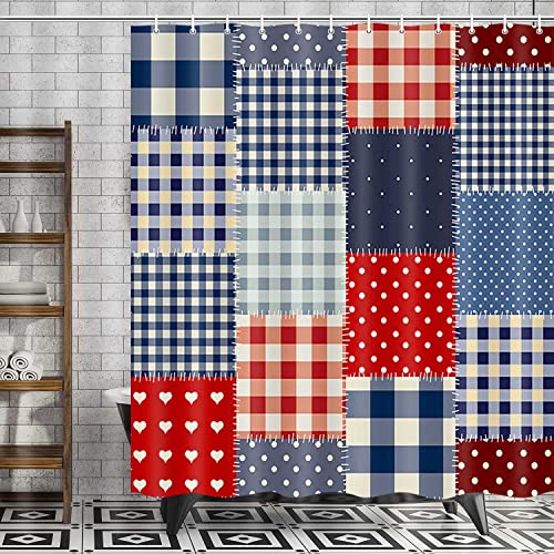 Boziqr Buffalo Check Plaid Farmhouse Shower Curtain Modern Geometric Patchwork Design Bathroom Decor Waterproof Fabric Home Bathtub Curtains 70 X 70 Inches Blue Red #TOP2