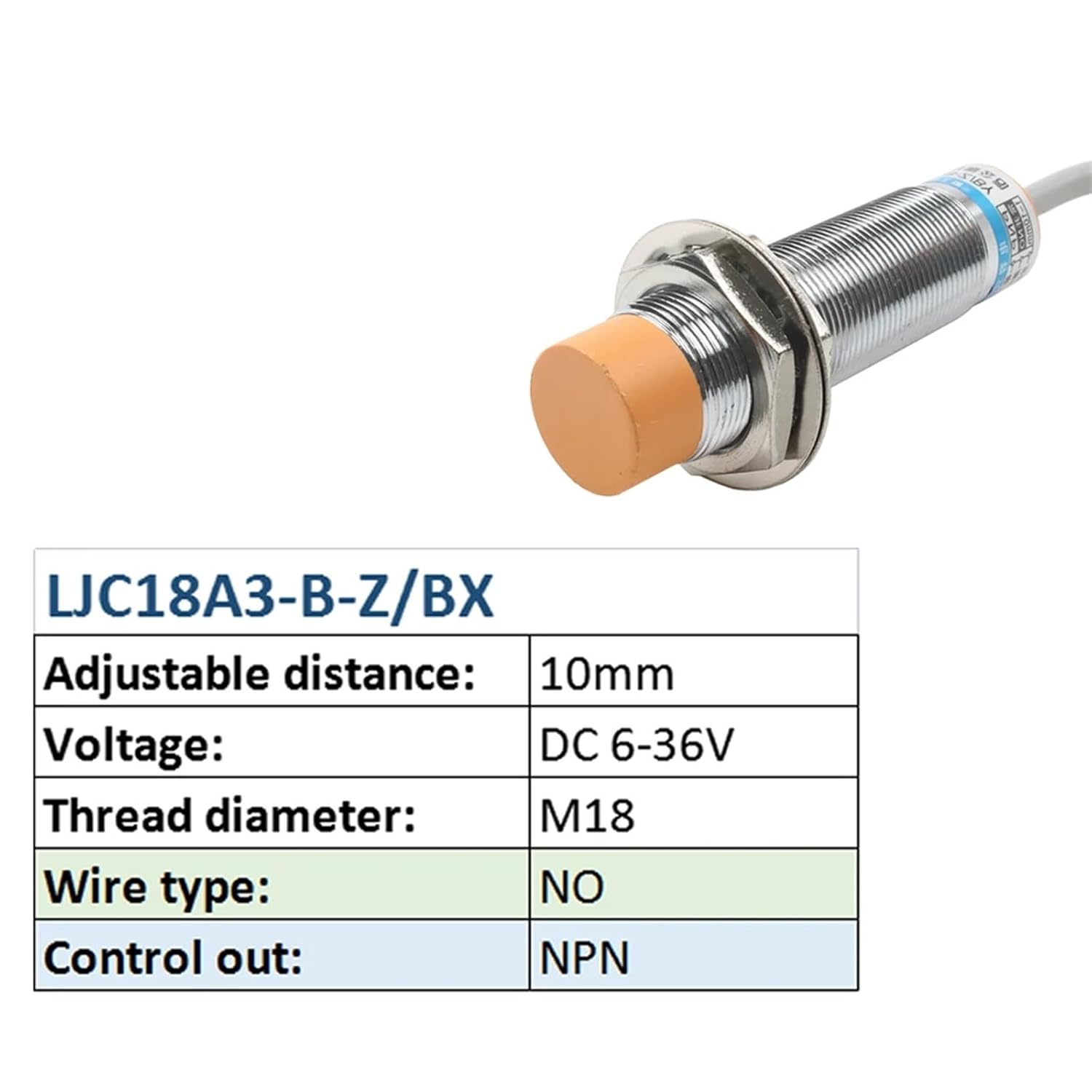 18mm Capacitive Proximity Sensor LJC18A3 Detective Distance 10mm DC 6-36V PNP 3 Wires NO NC NPN AC90-250V BX AX by AY EZ DZ (Color : NPN NO)