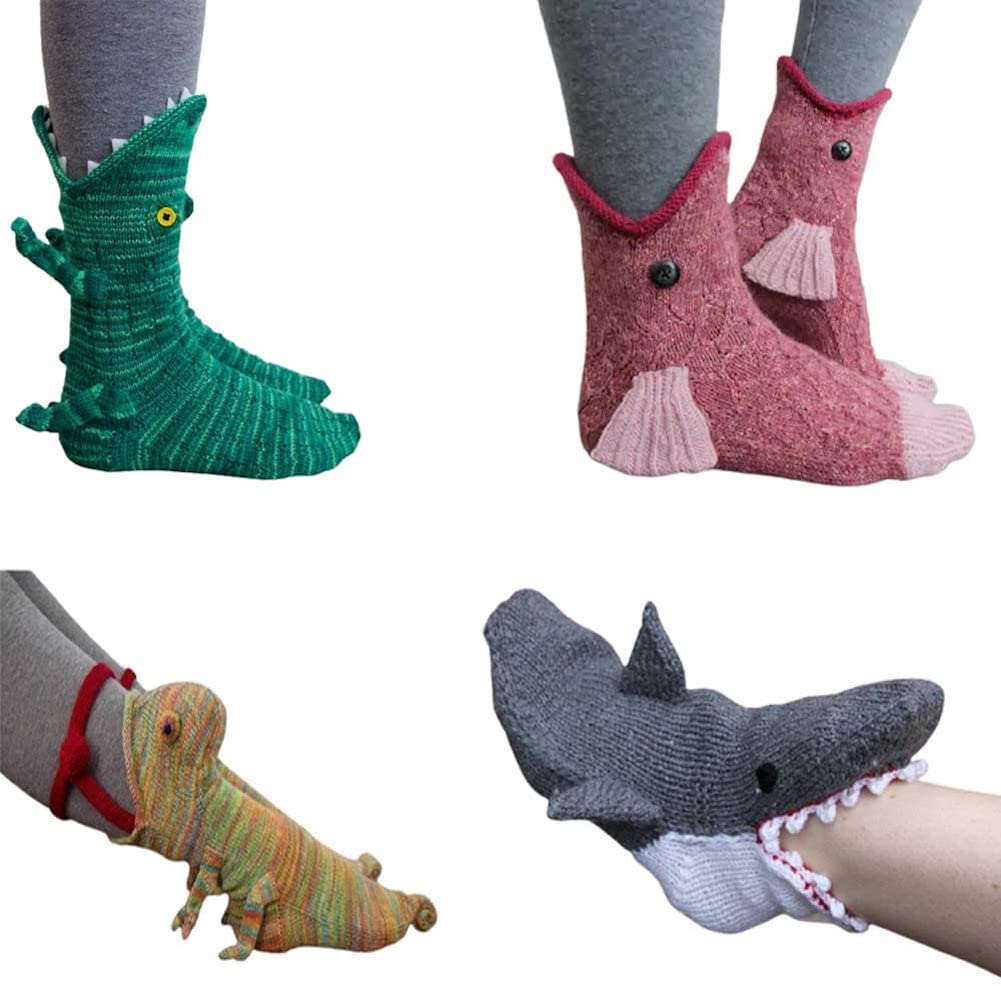 Knit Crocodile Socks,Knit Animal Socks Funky Knitting Pattern Whimsical Alligator Knitting Cuff Down,Untraditional Modern Knitting Pattern Funny Knit Crocodile Socks,Cartoon Knit Socks (4 Pairs)