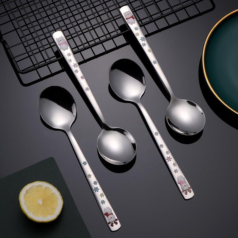 Silverware Flatware Set, 1/4/6/8/10/12 Pieces 304 Stainless Steel Spoons Long Handle Mixing Spoon Cartoon Polar Bear Small Round Spoon Household Soup Spoon(White,8Pcs)