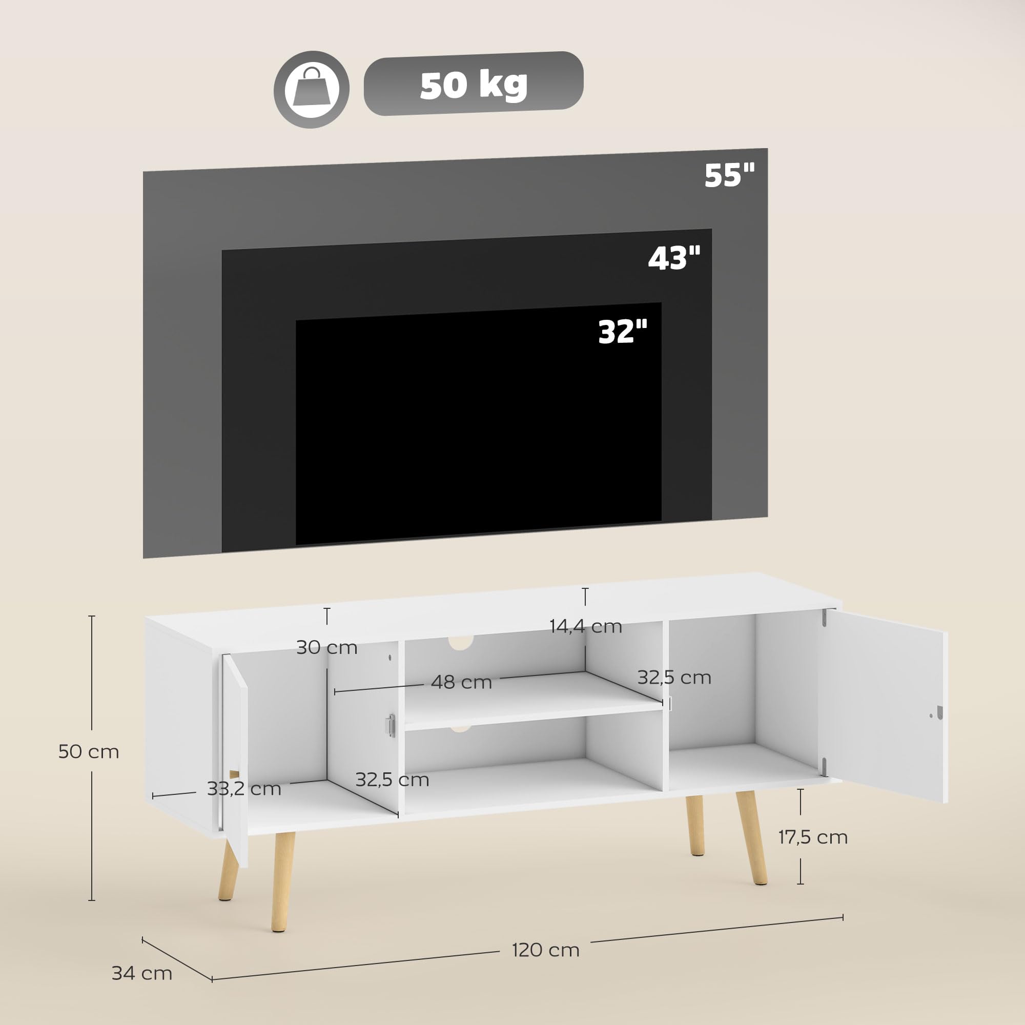 HOMCOM Mueble de TV de Salón con 2 Puertas hasta 55" 120x34x50 cm Blanco | Mesa para TV, 2 Estantes de Almacenamiento, para Dormitorio