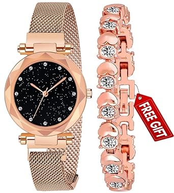 Acnos Analogue Womens Rose-Gold Magnet Watch With Rosegold Bracelet With Gift Box