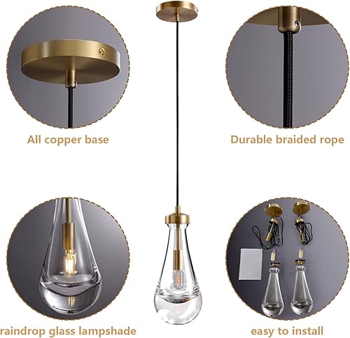 Miniatura 6 de YUEXPAND Lámpara colgante moderna de níquel, lámpara colgante de gota de lluvia para isla de cocina, lámparas de techo de cristal para interiores