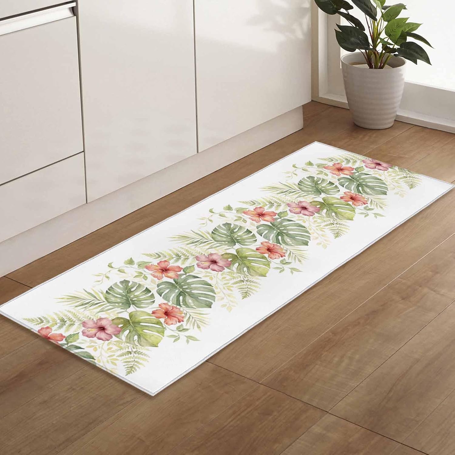 Teamery Kitchen Mats for Floor Summer Watercolor Flower Leaf Washable Non Slip Kitchen Rugs 1PCS, Rustic Monstera Leaves Plant Absorbent Standing Mats for Sink Bathroom Office Living Room 23.6x70.9in