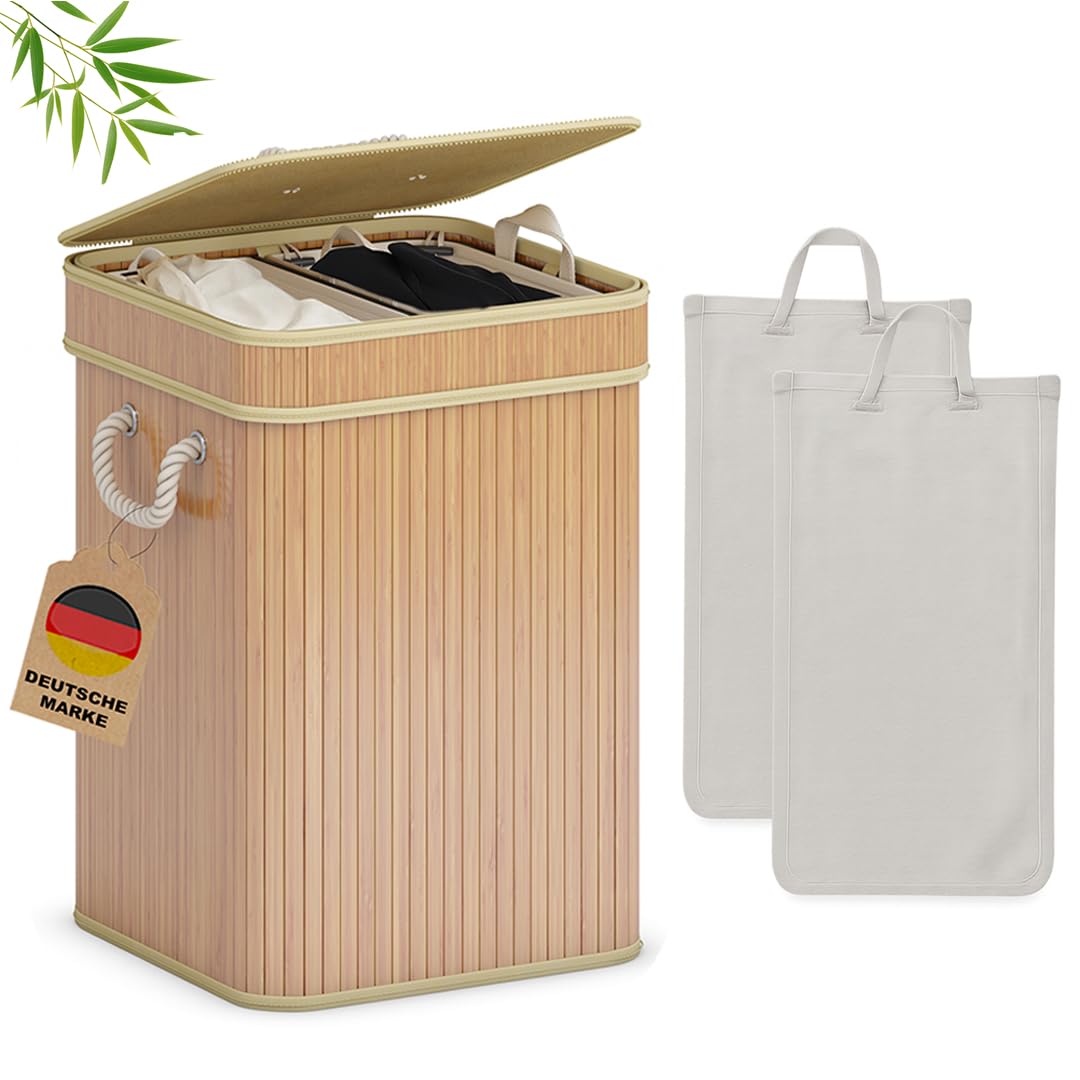 AdelDream Wäschekorb 100L Bambusoptik mit Deckel & Griffen, 2-Fach Wäschesammler Faltbar, Wäschebox mit herausnehmbaren Stofftaschen für Schlafzimmer, Bad & Waschküche B0FJY54PC8
