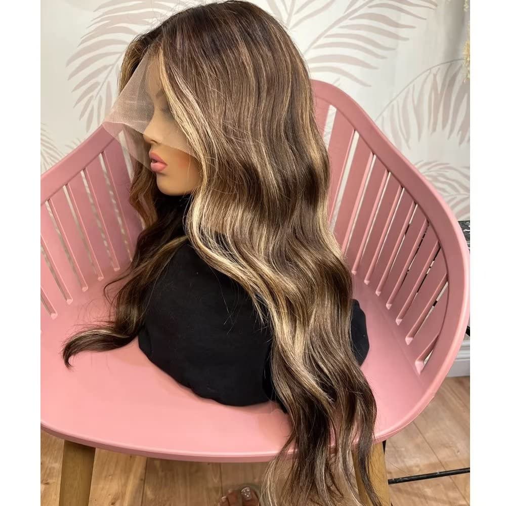 - Human hair blend lace front brown/blonde highlights wavy wig Amazon.com : Women Wig Blonde Pure Colored Curly Lace Front  main image 2