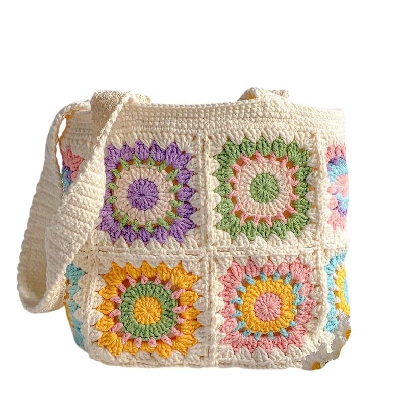 handcrafted crochet cotton shoulder bag, handmade granny square pattern medium size, bohemian style beautiful multicolor handbag