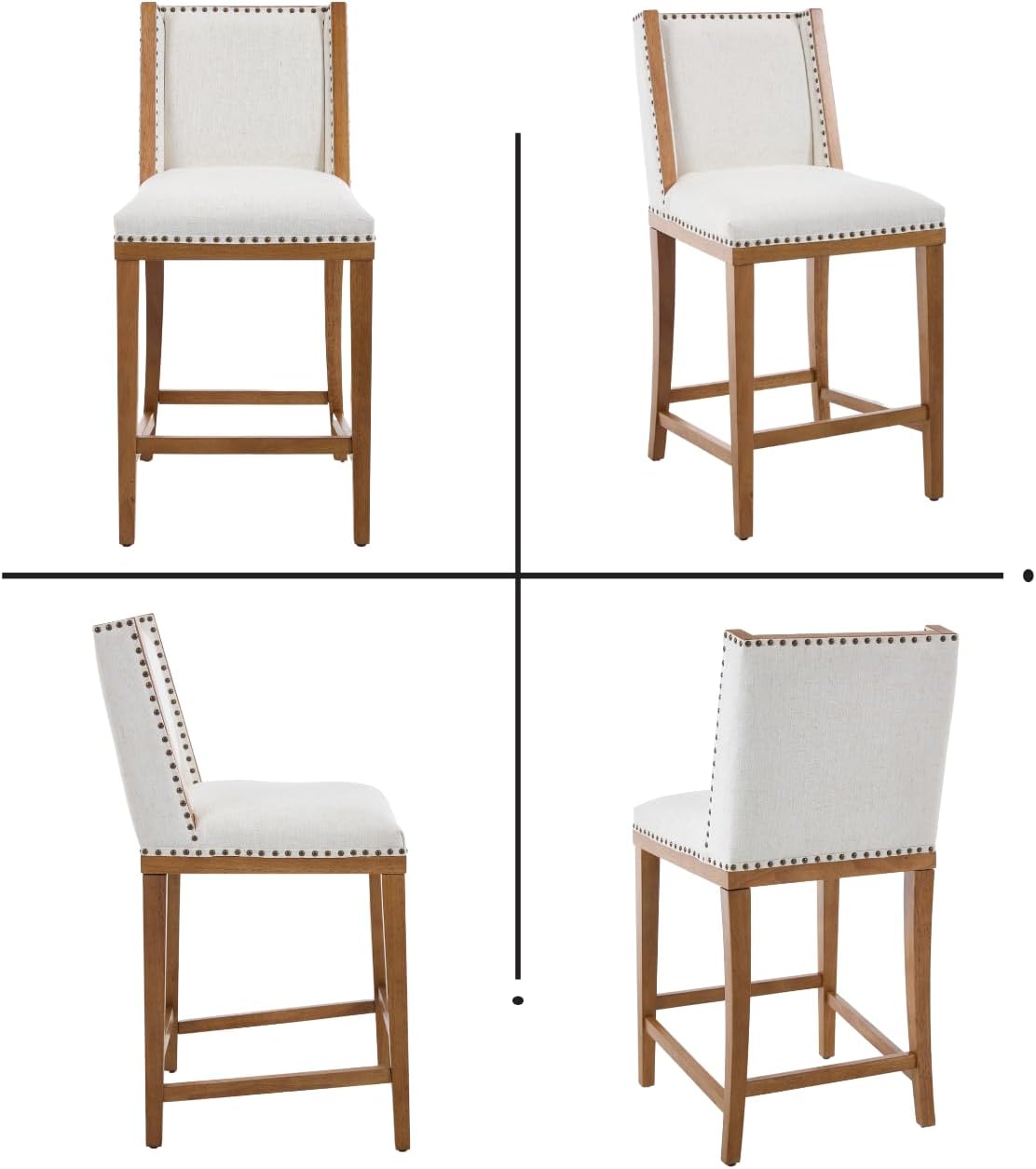 chairus 26" Bar Stools Set of 4 Farmhouse Wingback Barstools with Rivet Trim Upholstered Linen Fabric Counter stools for Kitchen Island, Bar, White