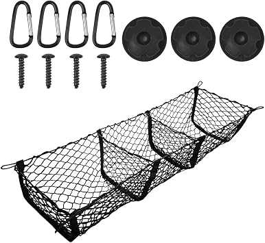BUYGOO 3 Pocket Cargo Net Luggage Bed Organizer, Black Network Storage Network with 4 Metal Hooks, Heavy Duty Cargo Net for SUV, Cars, Pickup Truck Bed, 43.3 x 11.20 cm
