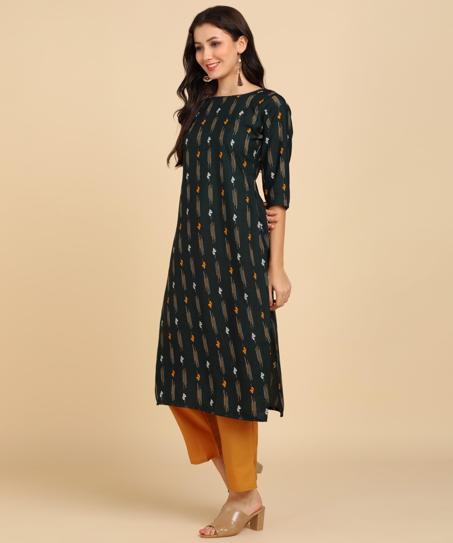 Patlani Women's A-Line-Calf Langth Half Sleeve Crepe Kurti. Green