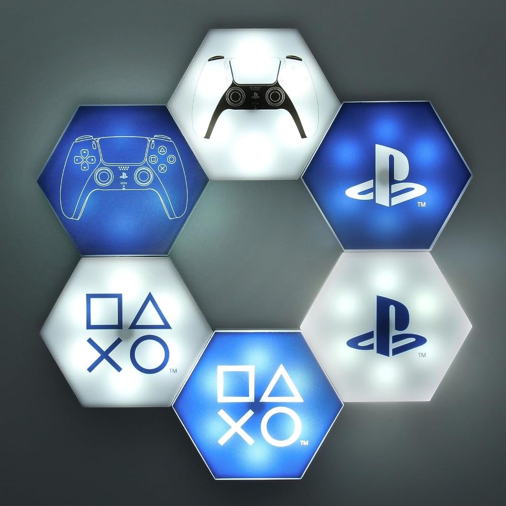 Luces LED hexagonales PlayStation - Producto oficial, decoración de sala de juegos personalizable, iluminación controlada por remoto y modos reactivos a la música