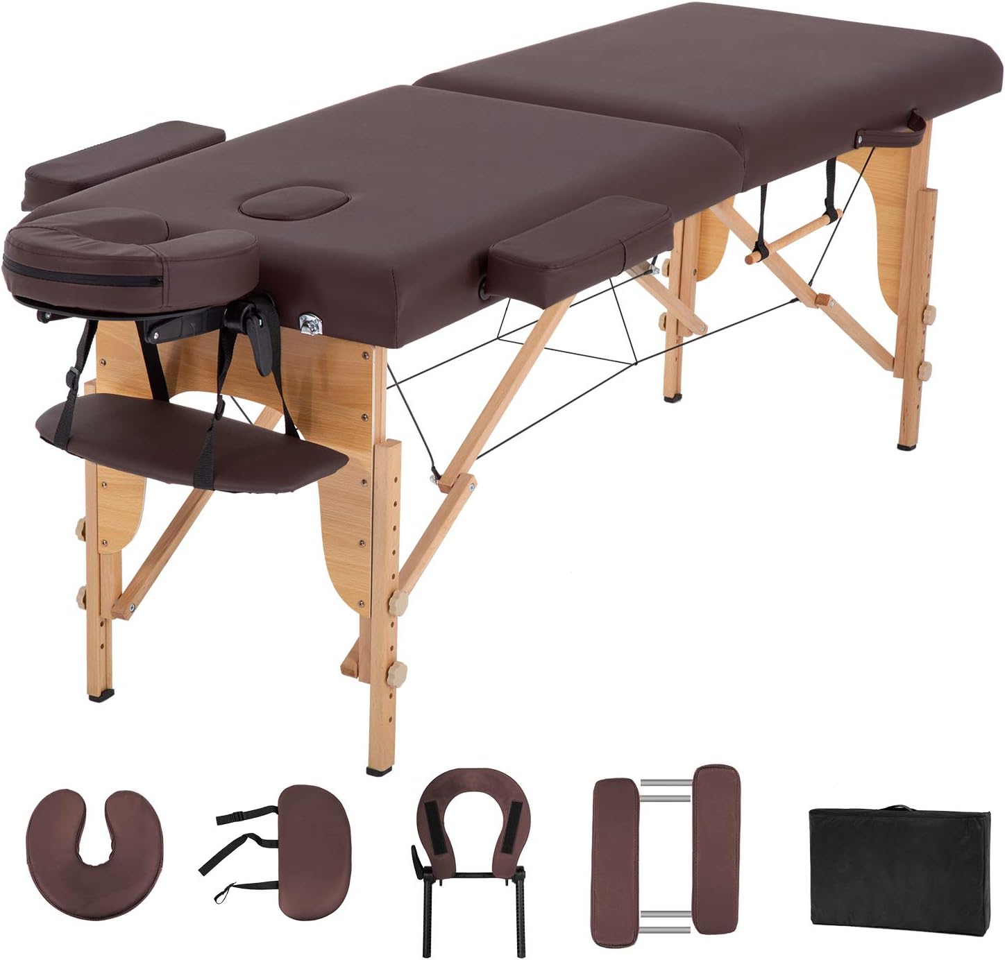 BestMassage Lash Massage Heigh Adjustable 2 Folding 73 Inch Portable W/Carry Case Table Face Cradle Salon Bed, Brown