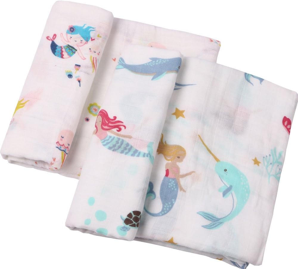 Bamboo Muslin Swaddle Blanket - 2 Pack- 47 x 47 inch Ultra Soft Muslin Swaddle Blankets - Perfect (Mermaid)