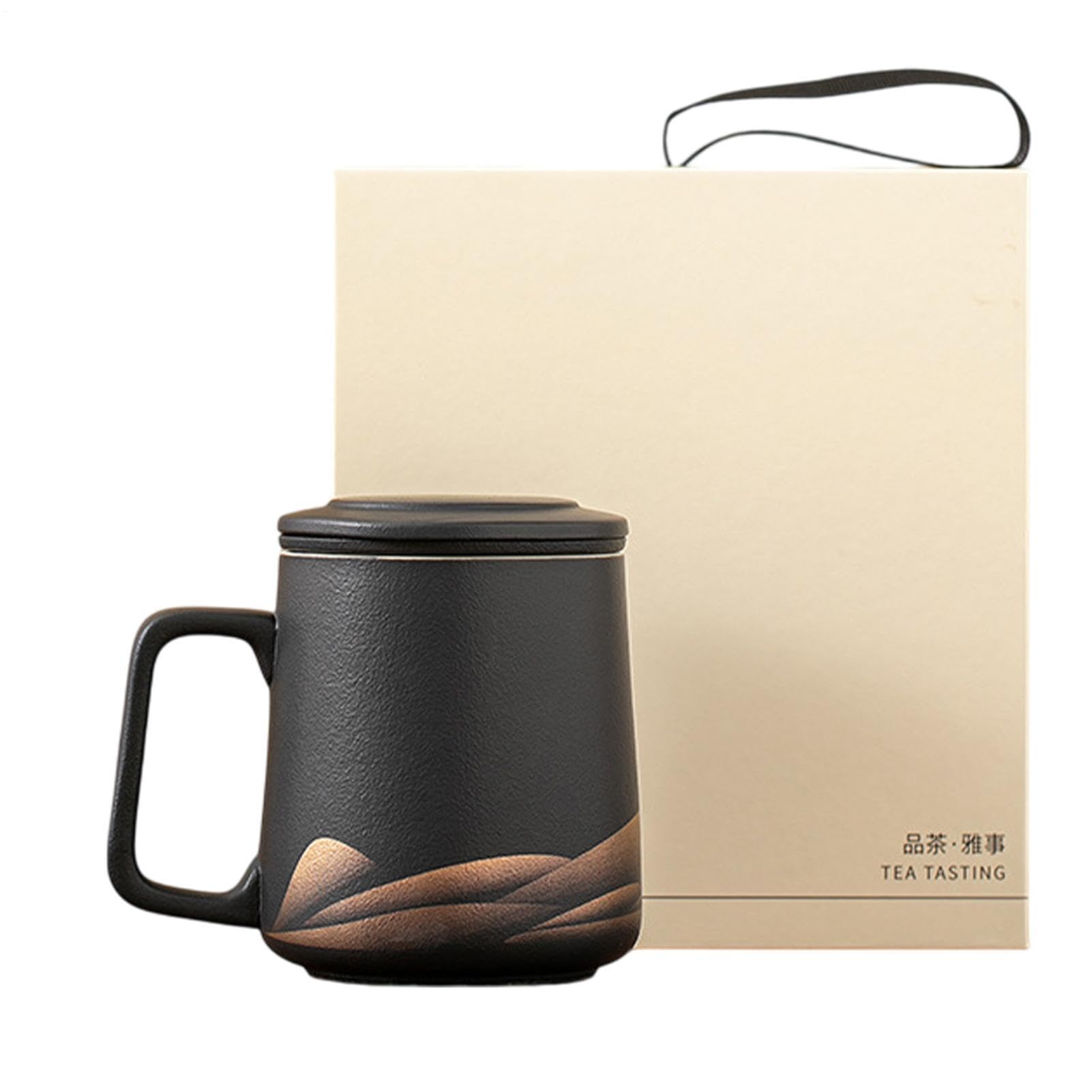 Taza De Té Con Tapa De Infusor - Taza De Filtro De Cerámica Mate De 360 ​ml, Té Con Colador Esmaltado Negro Pintado A Mano | Juego De Elaboración De Té Para Hombres Y Mujeres,