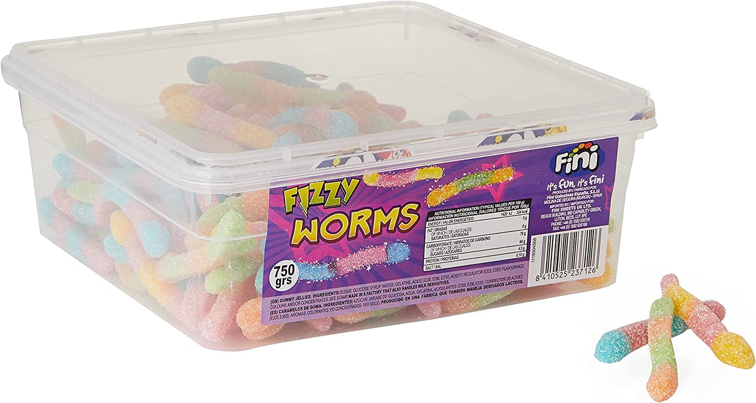 Fini Fizzy Worms Jelly Gummy Sweets, Mixed-Fruit, 750g, Share Pack Worms Chewy Gummy Jelly Sweets Christmas, Birthday, Easter, Halloween, Thank You Gift, Sharing Box, Great Gift, Sold by EPL