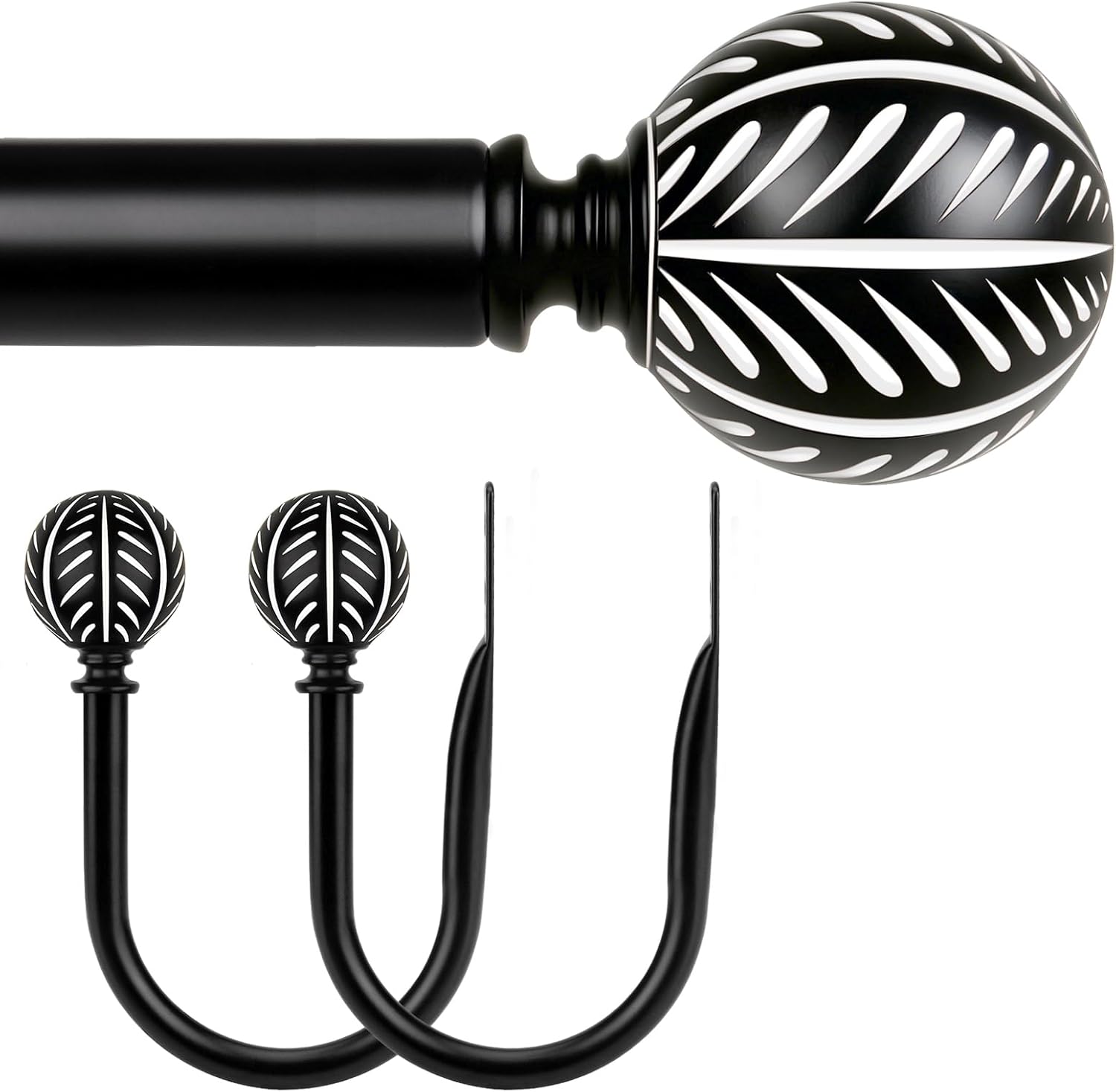 KAMANINA 2 Pack Curtain Rods for Windows 48 to 84 Inch(4-7ft), 1 Inch Boho Wood Decorative Drapery Rods, Adjustable Heavy Duty Curtain Rod with Leaf Pattern Finials and Holdbacks, Black