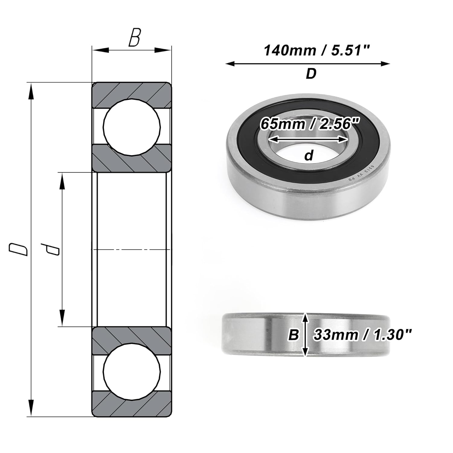 ACROPIX 6313VV Deep Groove Ball Bearings P0 65x140x33mm Lubricated Bearings Double Rubber Seal Black Silver Tone Scooter Skateboard Wheel