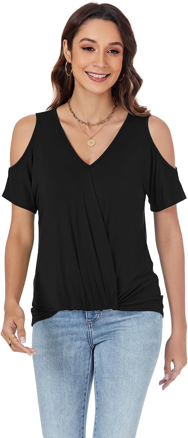 LEIYEE Womens Summer Cold Shoulder Tops Sexy Casual Short Sleeve V Neck Cute Front Knot Ruched Shirred T Shirt Blouse - Image 3