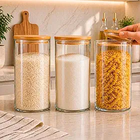 Kit 3 Potes Herméticos de Vidro com Tampa de Bambu, 1100ml Cada,Borossilicato Redondo, Transparente, para Mantimentos Temperos, Grãos, Café e Organização de Cozinha - Porta Temperos Moderno